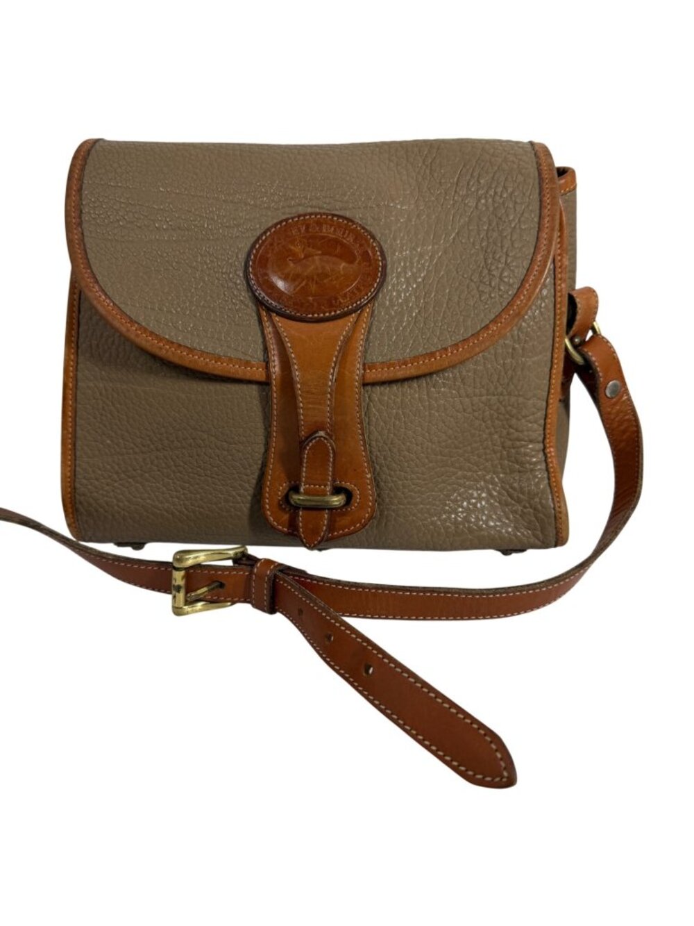 VTG Dooney Bourke Essex Flap Crossbody Bag Taupe AWL British Tan Trim + Charm